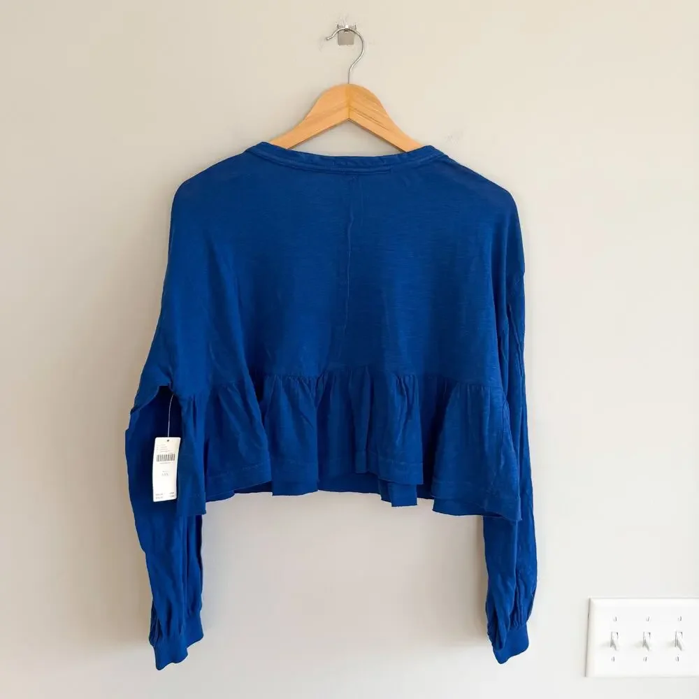 Anthropologie Pilcro Textured Babydoll Long Sleeve Crop Top Blue XXS